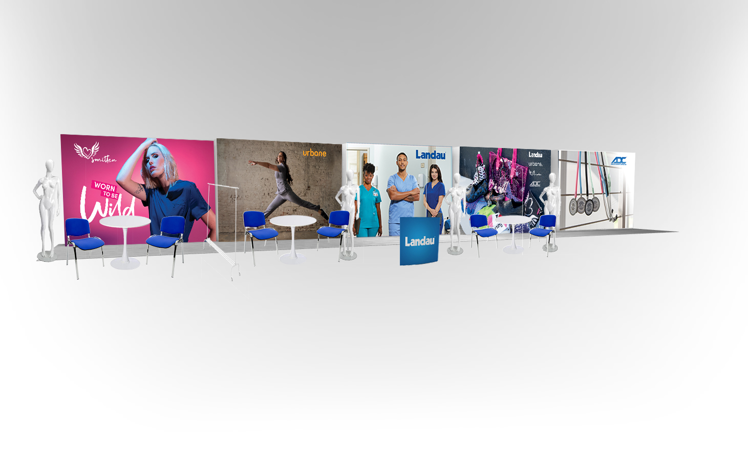 Landau Uniforms trade show booth mockup design