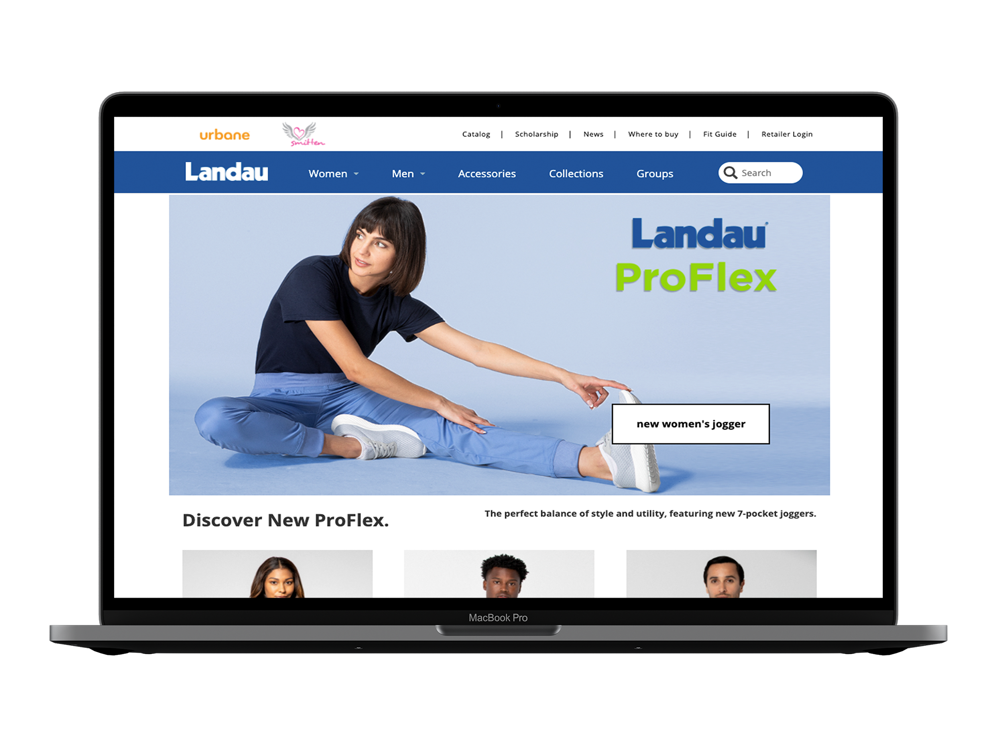 Landau Uniforms website mockup showing homepage design